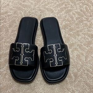 Tory Burch Black Slide Sandals with Gold Accents